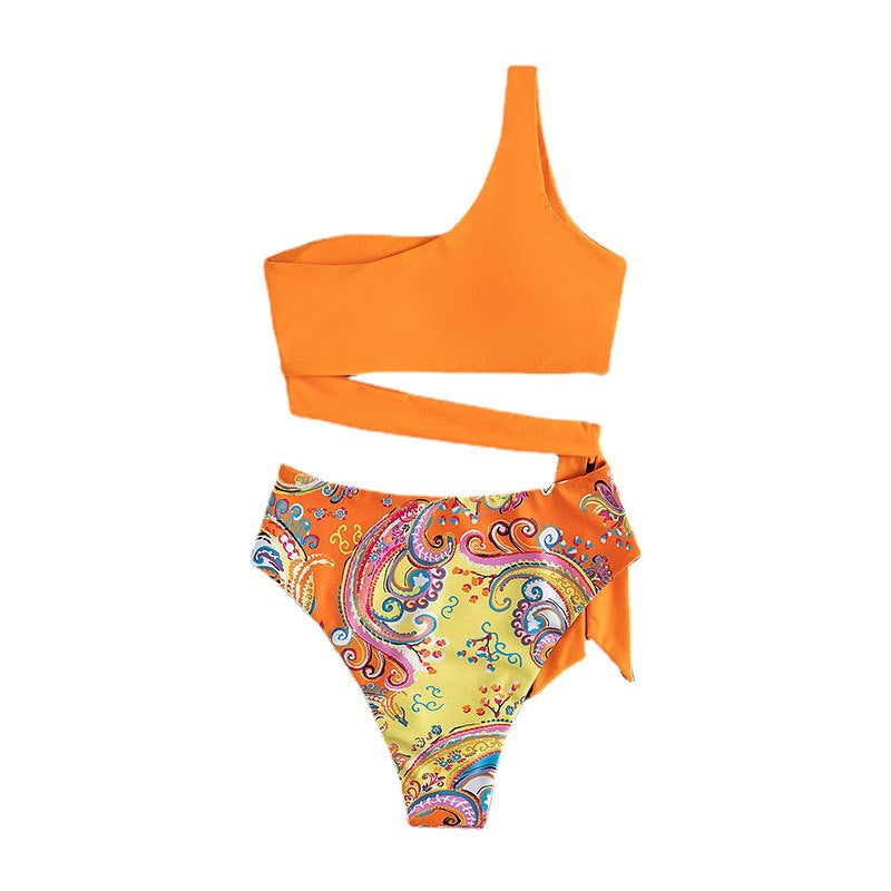 New Brazil Printed One Shoulder Tube Top Bikini Suit  High Waist Thong Swimsuit Women's