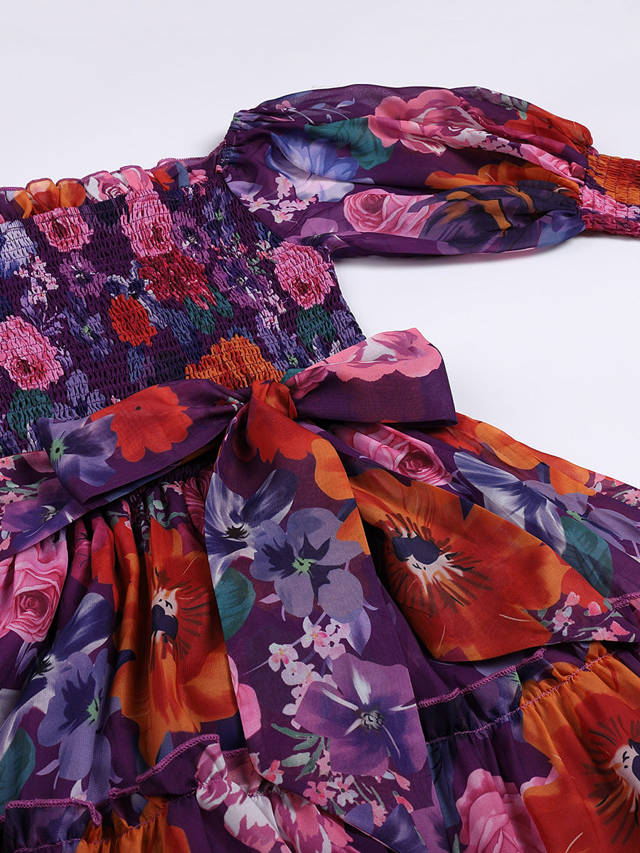 Floral-print one-shoulder chiffon dress