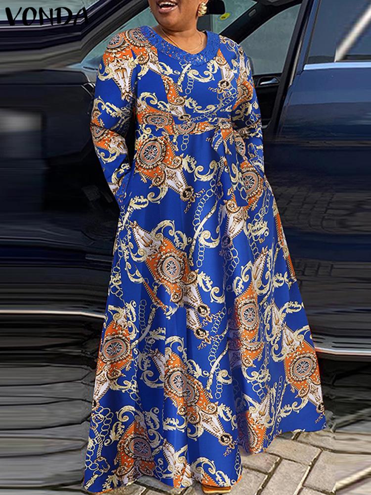 فوندا فساتين نسائية بوهو عتيقة مطبوعة بنمط عشوائي فساتين طويلة طويلة سبنج خريف غير رسمية فضفاضة على شكل حرف V وأكمام طويلة وأربطة على شكل حرف a