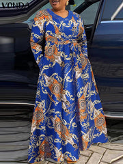 فوندا فساتين نسائية بوهو عتيقة مطبوعة بنمط عشوائي فساتين طويلة طويلة سبنج خريف غير رسمية فضفاضة على شكل حرف V وأكمام طويلة وأربطة على شكل حرف a