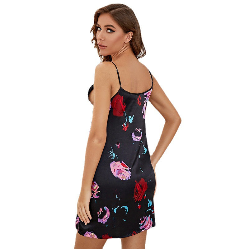 Summer New Women's Pajamas Sleeveless Thin  Large Ice Silk Pajama Dress Printed Sexy Strap Home Fury