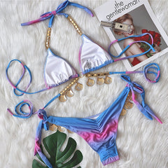 New Sexy Strap Gradient Print Women's Split Swimsuit Luxury Crystal Diamond Bikini Shell Swimsuit