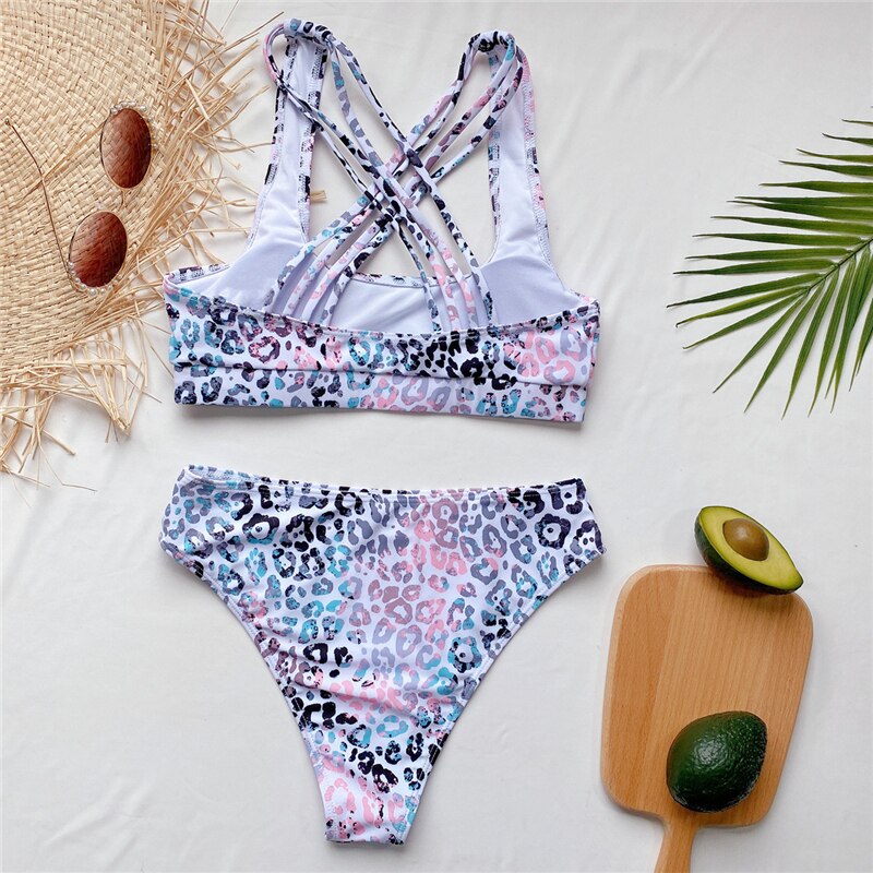 New  Waist Women's Leopard Swimsuits Push Up Bikinis Swimwear Cross Bandage Bathing Suit Swim 2021 Summer Female Bikinis Set