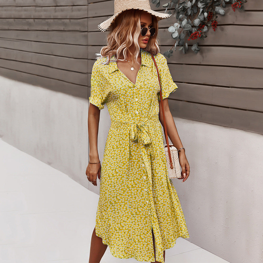 Women Beach Boho Summer Dress 2023 Vintage Floral High Waist Short Sleeve Dresses Button V-Neck Holiday Style Female Vestidos