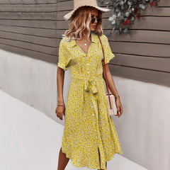 Women Beach Boho Summer Dress 2023 Vintage Floral High Waist Short Sleeve Dresses Button V-Neck Holiday Style Female Vestidos