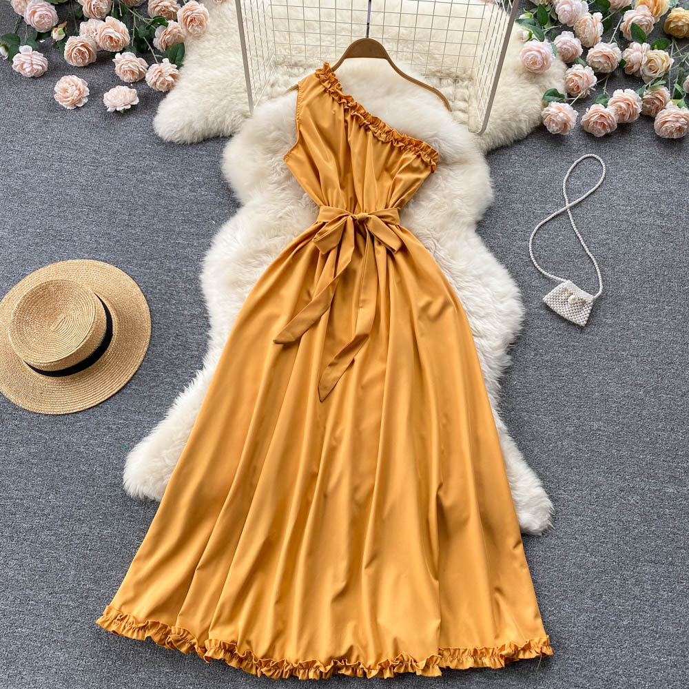 Light mature off shoulder sleeveless dress lace up waist slim long dress banquet dress