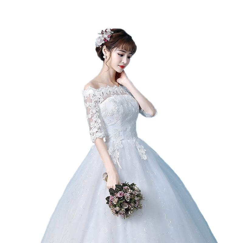 khaki Korean style Large size princess Thin Simple Bride Autumn and winter New trend Off Shoulder Wedding dress