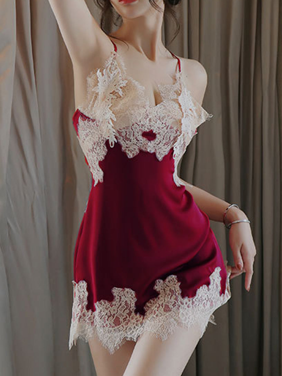 Ladies Fashion Lace Stitching Simulated Silk Homewear Nightdress J1JX1017YML