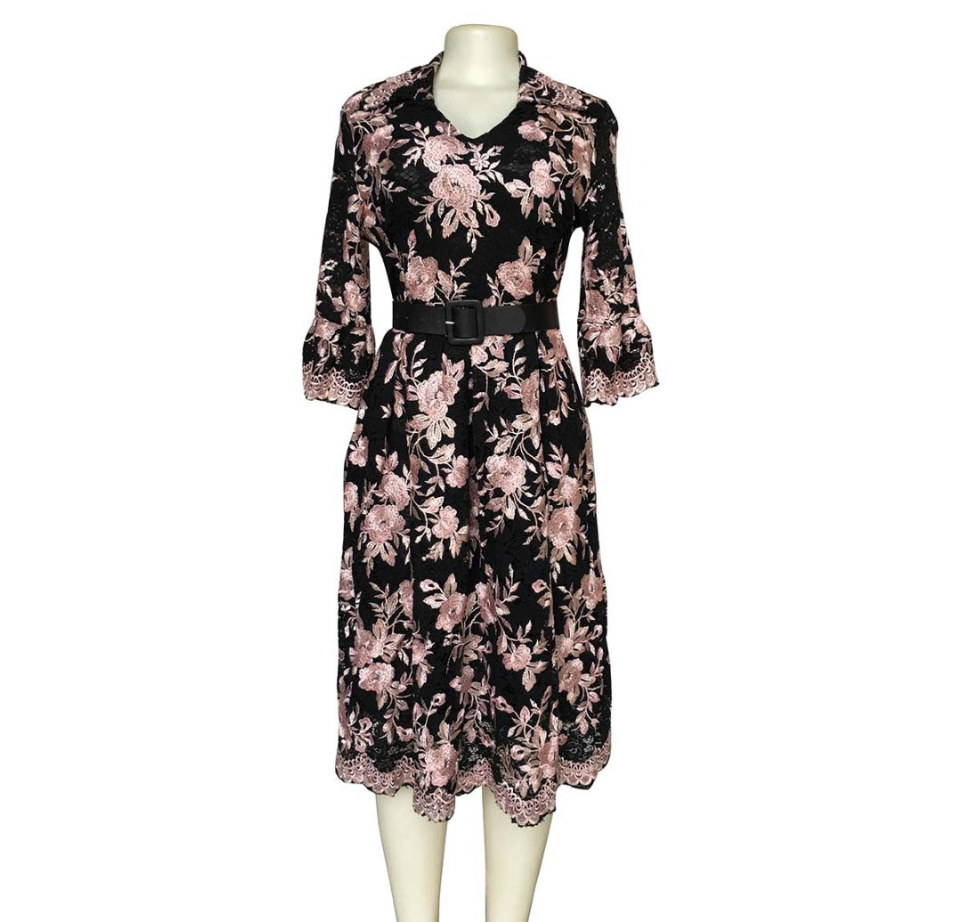 European and American hot-selling lace  flowers V-neck waist A-line dress African temperament commuter dress with belt