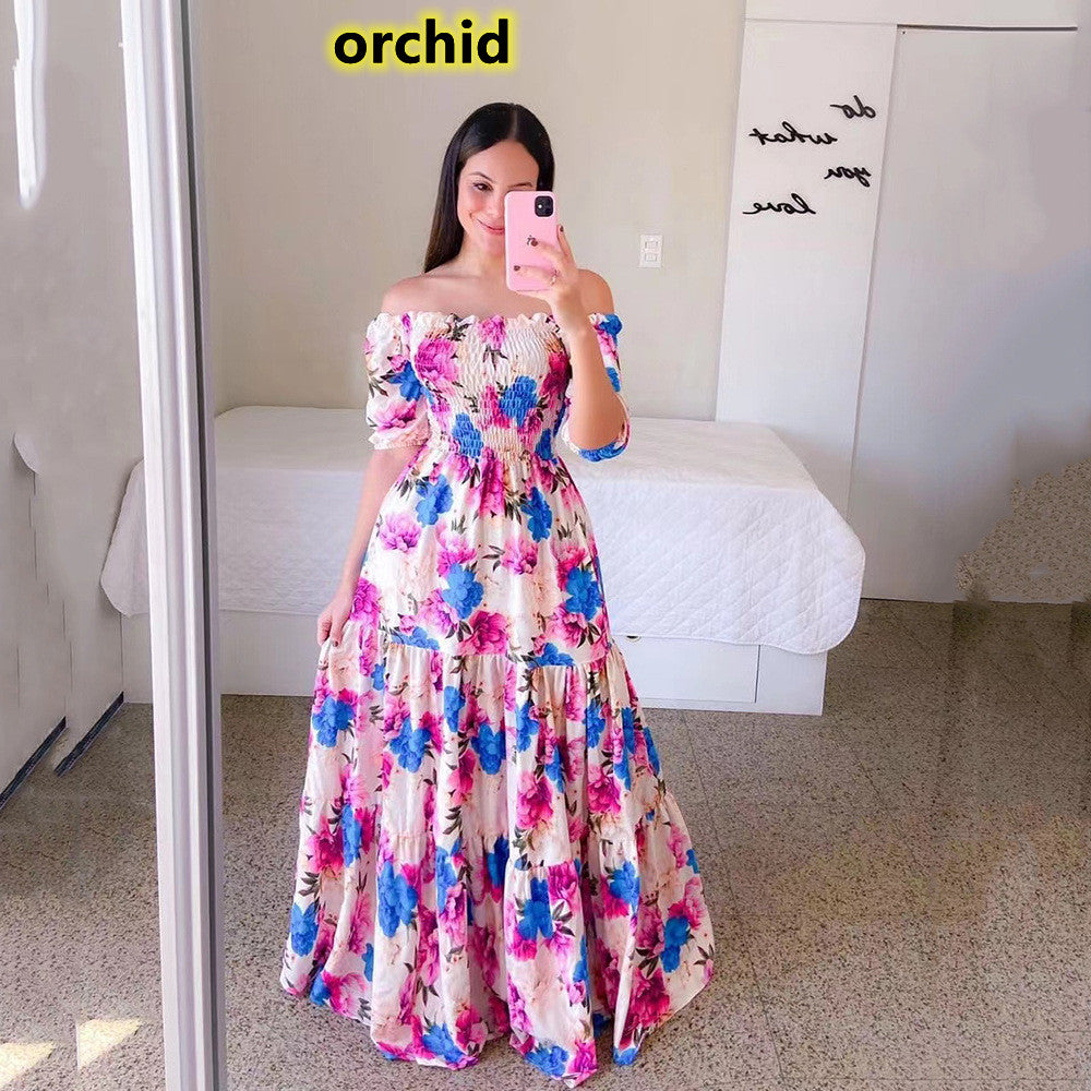 Women's Fashion Off Shoulder Dress Floral Print Long Dress Maxi Dresses Big  Dress Rochii Elegante Kleider Damen Elegant