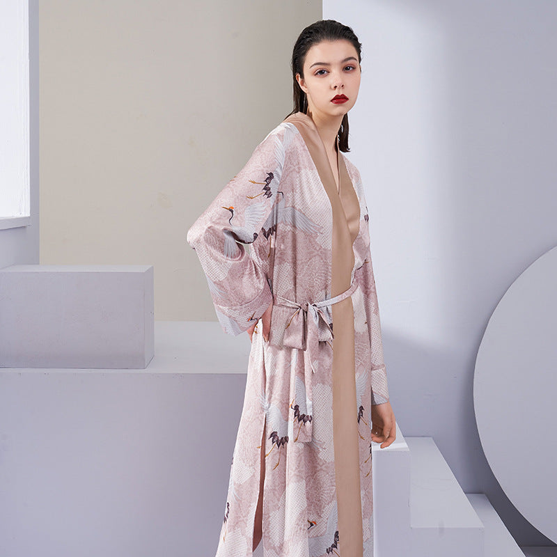 Spring and autumn new antique Hanfu pajamas ladies mid-length re-crane nightgown ice silk home service