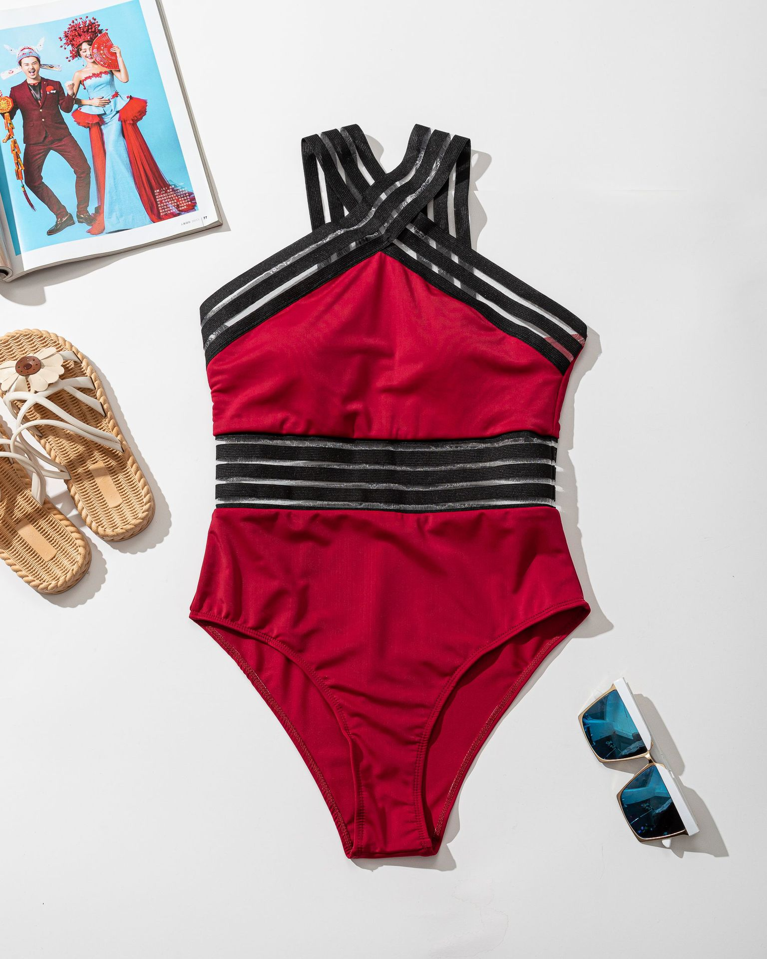 New European and American fashion cross halter neck halter one piece swimsuit