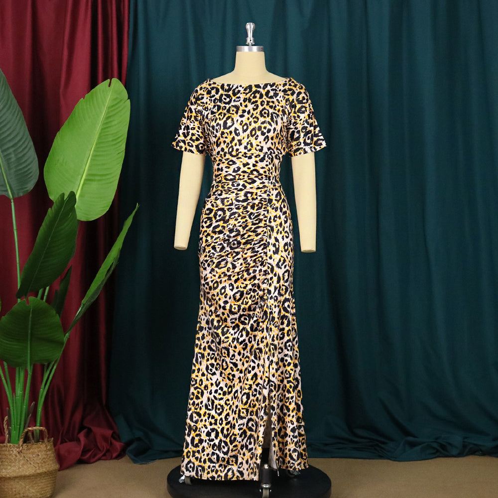 Mulheres vestidos de leopardo bodycon plissado impressão fenda o pescoço manga curta cintura alta cocktail festa à noite outfits formatura vestido lon