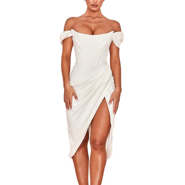 Women's Sexy Off Shoulder Split Corset Satin Dress Strapless Ruched Bodycon Midi Dress Nightclub Wedding Cocktail Party Wear