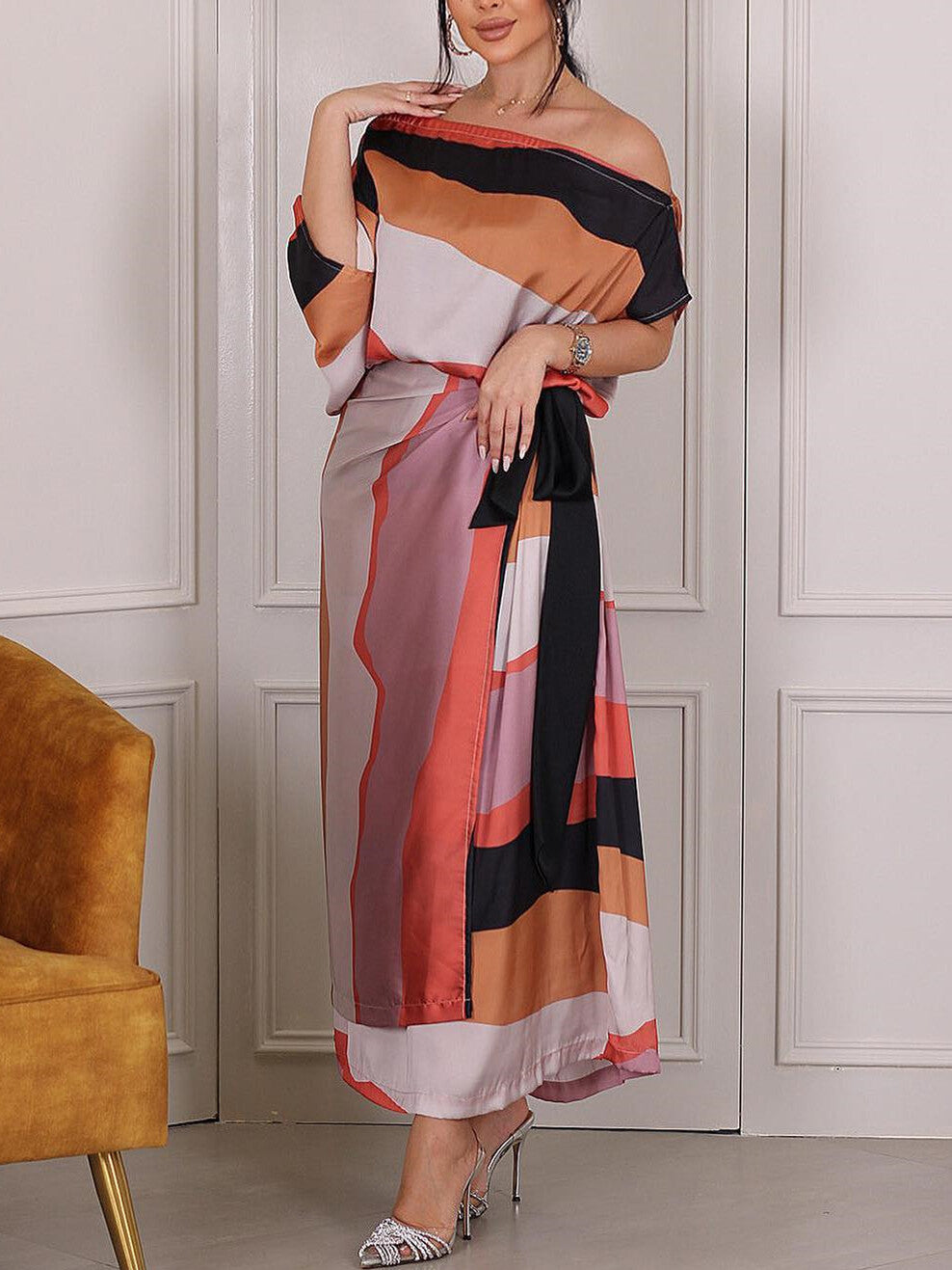 Geometric Print Off-Shoulder Long Dress Two-Piece Set