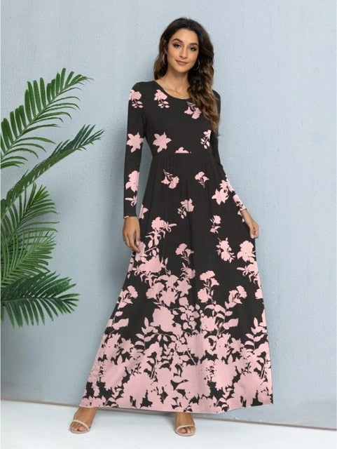 فستان 2022 خريف وشتاء جديد فستان مطبوع بأكمام طويلة وتنورة طويلة 