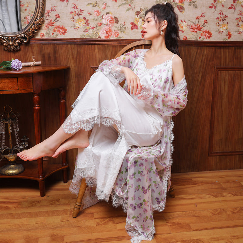 Long sleeved nightgown female spring and autumn cotton suspender nightdress princess household palace style lace dress pajamas printed two-piece set