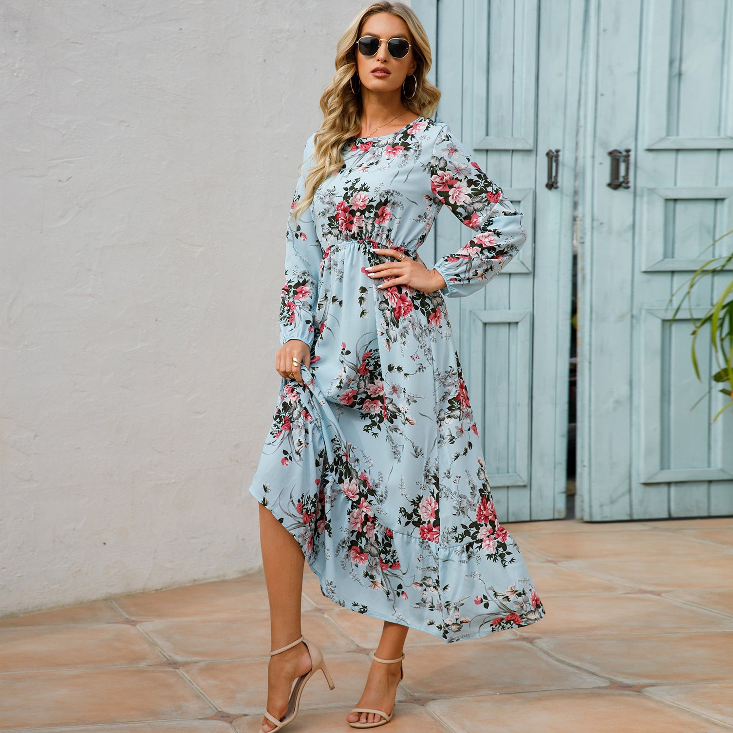 Sping Summer Bohemian Women Maxi Dress Casual Long Sleeve  Waist Beach Woman Chiffon Dresses Floral Vestidoes Mujer New