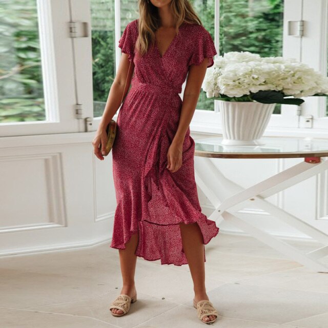 Aachoae Long Maxi Dress Women Summer Bohemian Wrap Floral Print Beach Dress V Neck Split Short Sleeve Ruffles Sundress Vestidos