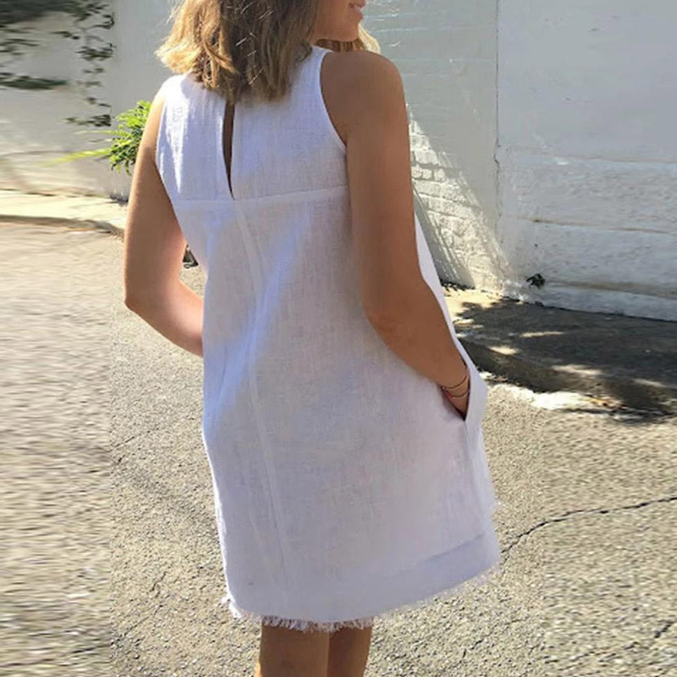 2023 خمر الصيف فستان أبيض المرأة القطن فستان كتان عادية س الرقبة أكمام تانك القمم فستان قصير تانك القمم