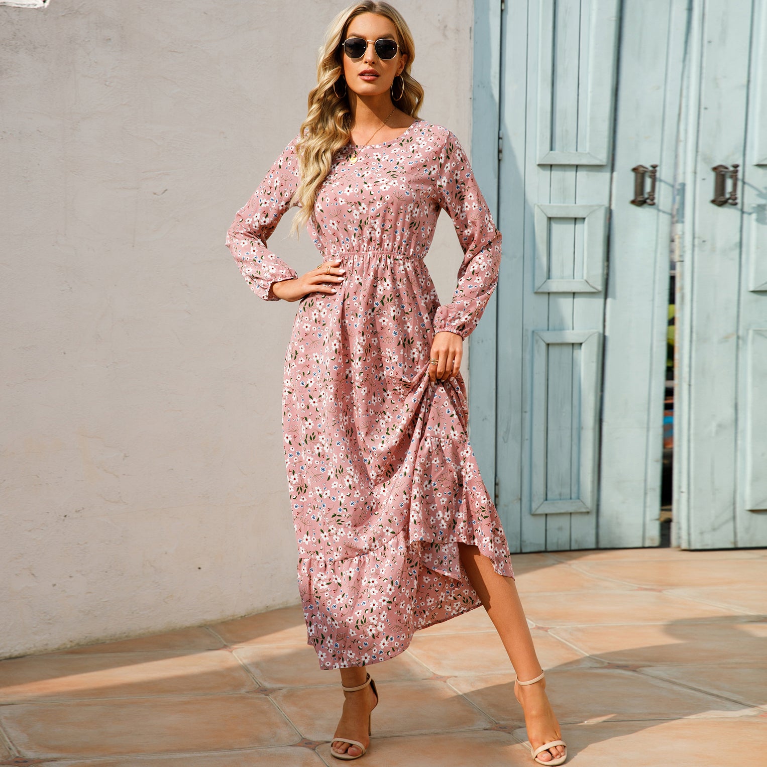 Sping Summer Bohemian Women Maxi Dress Casual Long Sleeve  Waist Beach Woman Chiffon Dresses Floral Vestidoes Mujer New