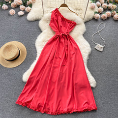 Light mature off shoulder sleeveless dress lace up waist slim long dress banquet dress