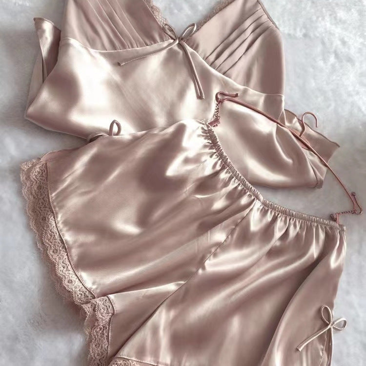 Beautiful back French suspender pajamas for women summer thin sweet bow vest shorts  end home wear set