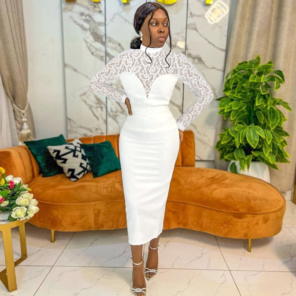 AOMEI White Bodycon Lace Dress Women High Neck See Through Deep V Long Sleeve Elegant Midi Robes Party Evening Wedding Event New