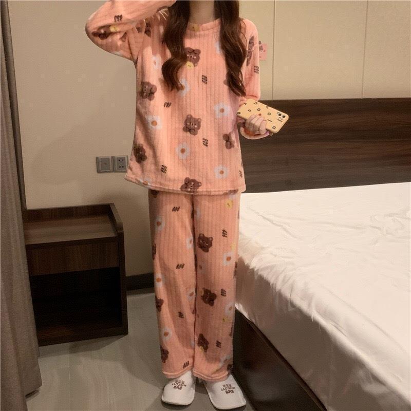 Coral velvet pajamas for women  winter sweet cute long sleeve velvet thickened spring and autumn Flannel housewear suit