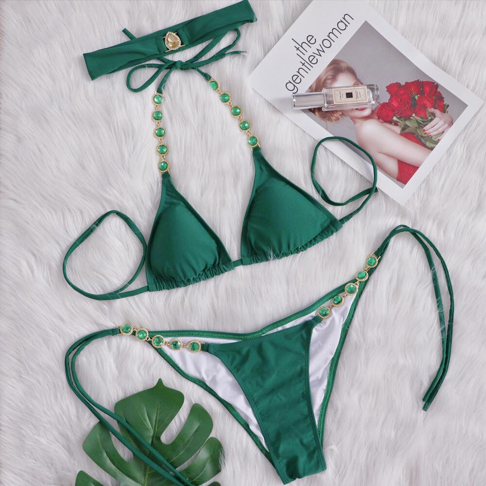 Green diamond split swimsuit plain color bikini beach retro sexy bikini