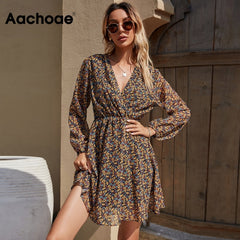 Aachoae Women Beach Style Summer Mini Dresses Boho V Neck Floral Print Chiffon Dress Ladies A Line Long Sleeve Vintage Dress