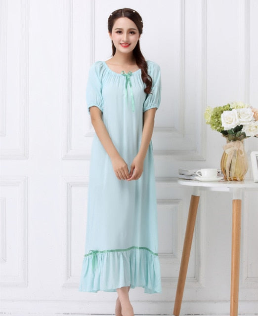 Summer Cotton Nightdress Women Korea Style Elastic Collar Short Sleeve  Long Dresses Nightgown Sleepwear Homewear Female