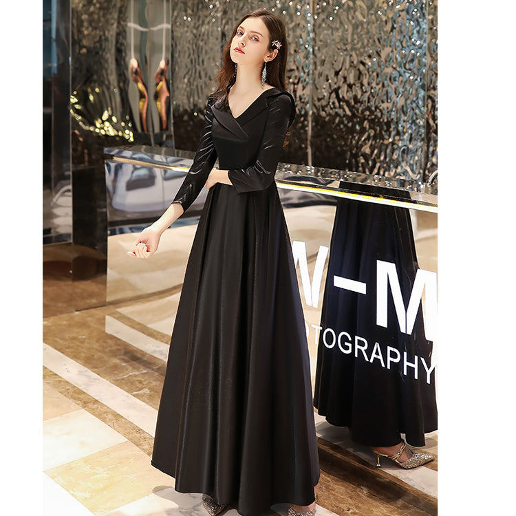 Ladies V-neck Satin Fashion Party Dress Long Banquet Evening Dress Holiday Birthday Dress