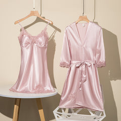 Pajamas women's summer ice silk nightgown sexy two-piece nightdress suspender bathrobe