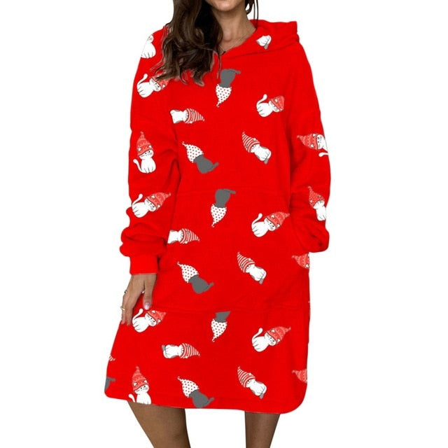 بيجامة عيد الميلاد للسيدات اللطيفة ملابس نوم مطبوعة بجيب كبير ثوب نوم قطيفة كسول ملابس منزلية بيجاما بقلنسوة 2022