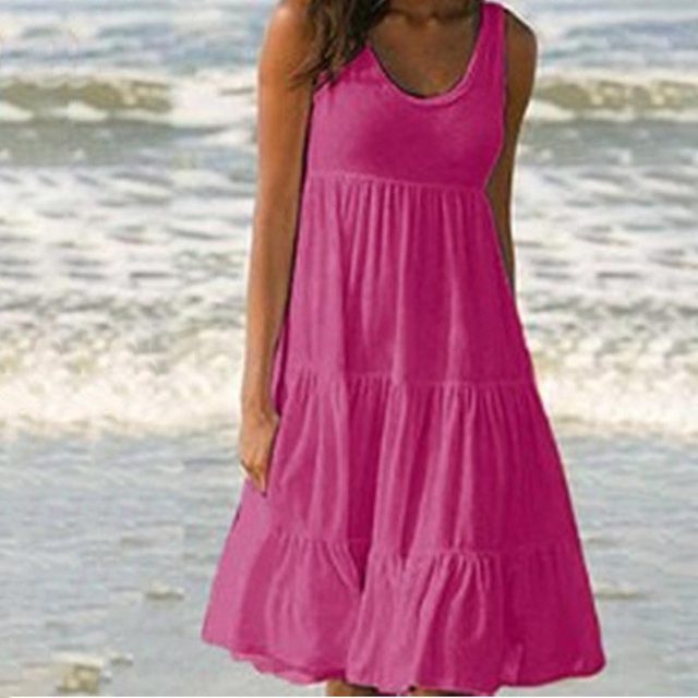 Womenl O Neck Sleeveless Ruffles Mini Dress Boho Solid Beach Sundress Oversized Loose Dress 2023 Summer