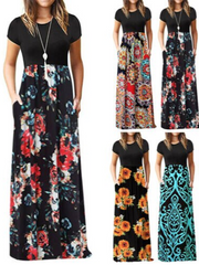 Vintage Floral Print Boho Dresses Women's Long Maxi Dress Party Beach Summer Dress Vestidos Short Sleeve Split Dress