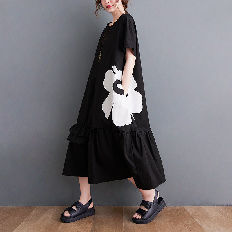 Large size women's clothing 2022 summer new black mid-length cotton printed dress niche large   long skirt