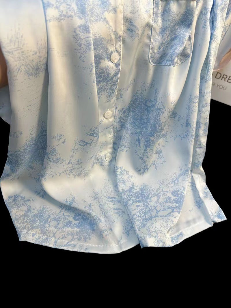 مجموعة بيجامات صيفية جديدة من الحرير المقلد مزدوجة قصيرة من الحرير الجليدي من الجاكار بسيطة وغير رسمية يمكن ارتداؤها 