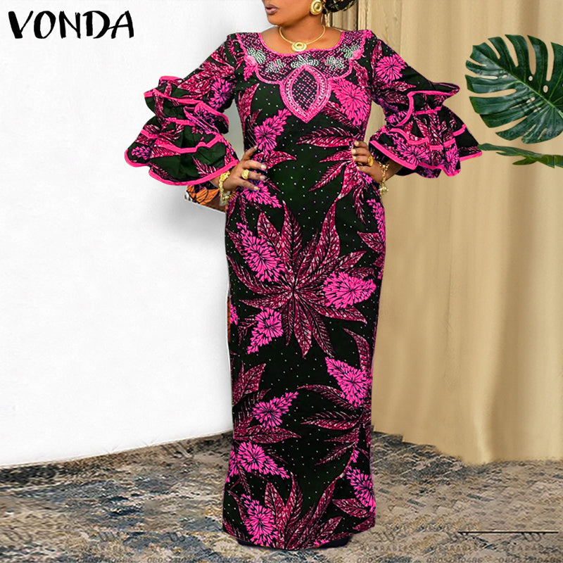 فوندا فساتين نسائية بوهو كلاسيكية مطبوعة بنمط عشوائي فساتين طويلة طويلة مكشكشة غير رسمية فضفاضة ورقبة دائرية وأكمام طويلة مرقعة