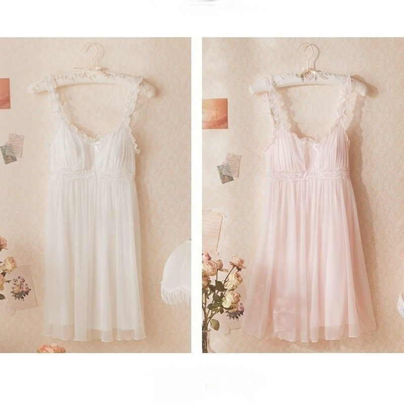QWEEK Lace Mesh Kawaii Sleepwear  Nightdress Women Sexy Nightwear Cute Nightie Fancy Nightgown  Dress Dressing Gown