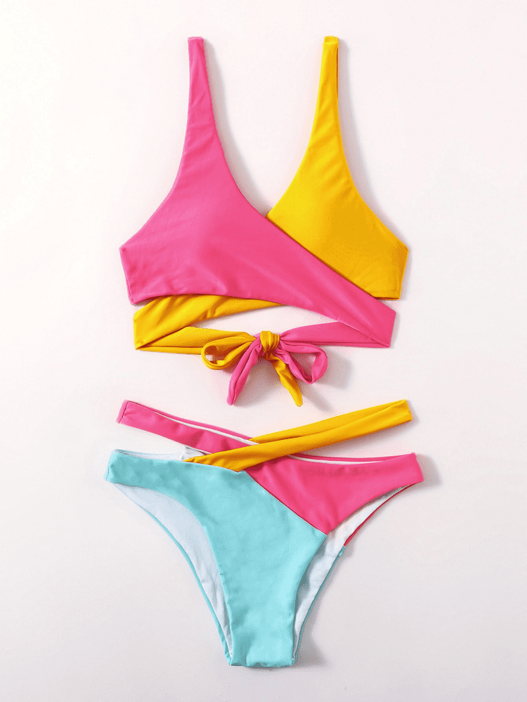 European and American swimwear strap two-color split bikini swimsuit