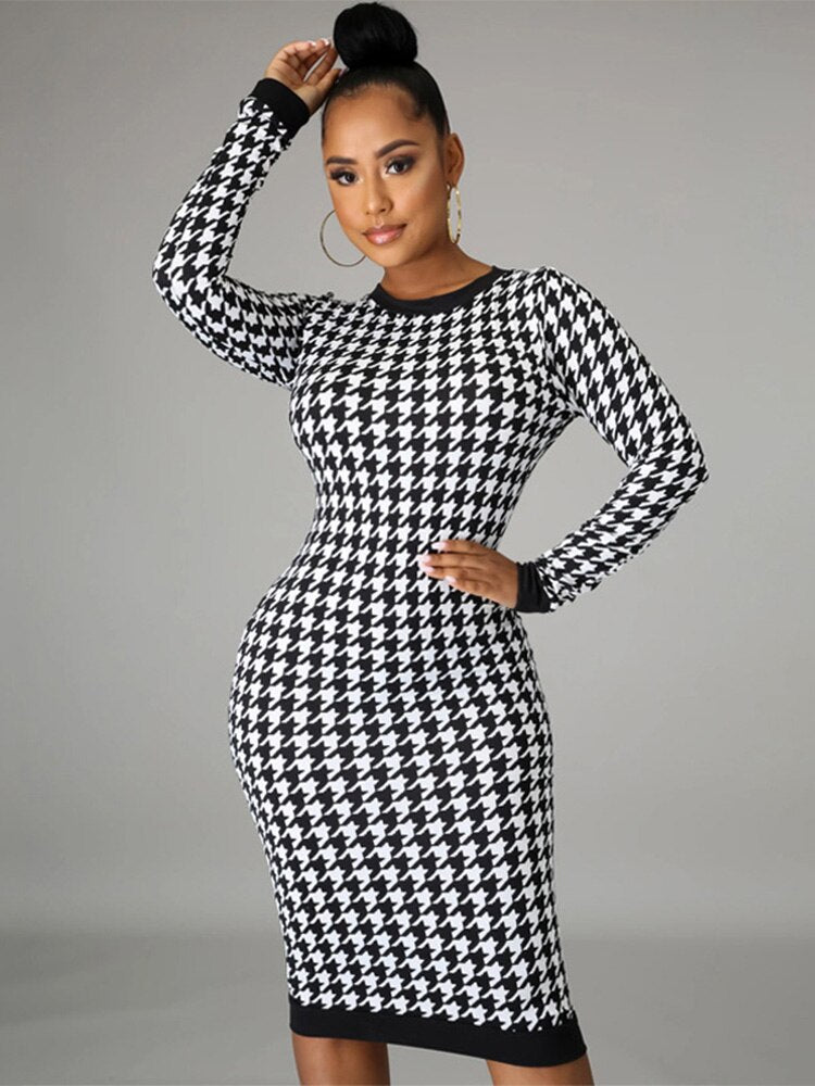 فستان نسائي طويل الأكمام مطبوع بنقشة houndstooth فستان متوسط ​​الطول بفتحات واسعة ملابس خروج مثيرة لخريف وشتاء 2022 نادي أنيق ضيق 