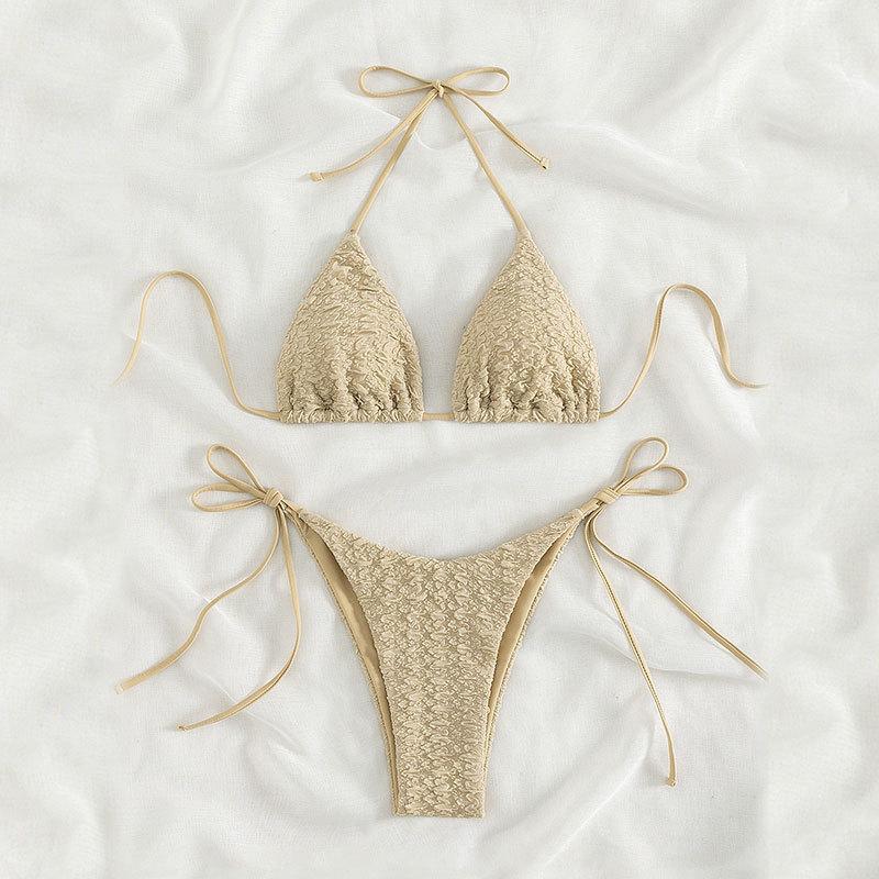 New pure color swimsuit with leaky back high waist European and American bikini beach sexy side tie swimsuit