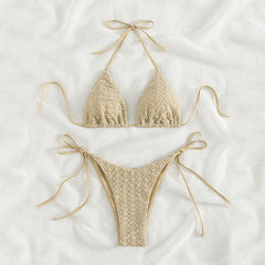 New pure color swimsuit with leaky back high waist European and American bikini beach sexy side tie swimsuit