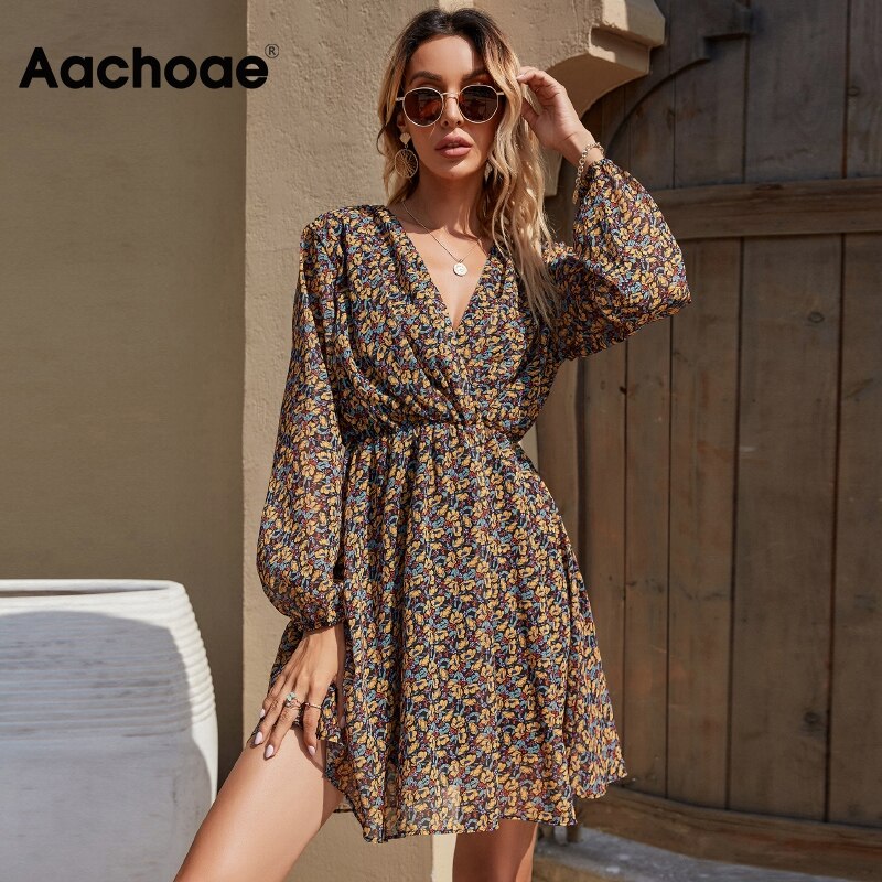 Aachoae Women Beach Style Summer Mini Dresses Boho V Neck Floral Print Chiffon Dress Ladies A Line Long Sleeve Vintage Dress