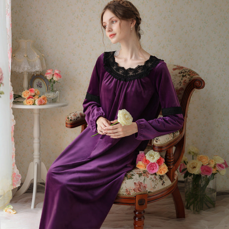 Women Winter Warm Night Dress Vintage Lace Round Neck Plus Size Nightgown Thicken Long Sleeve Thermal gold velvet pajamas court style dress Sleepwear