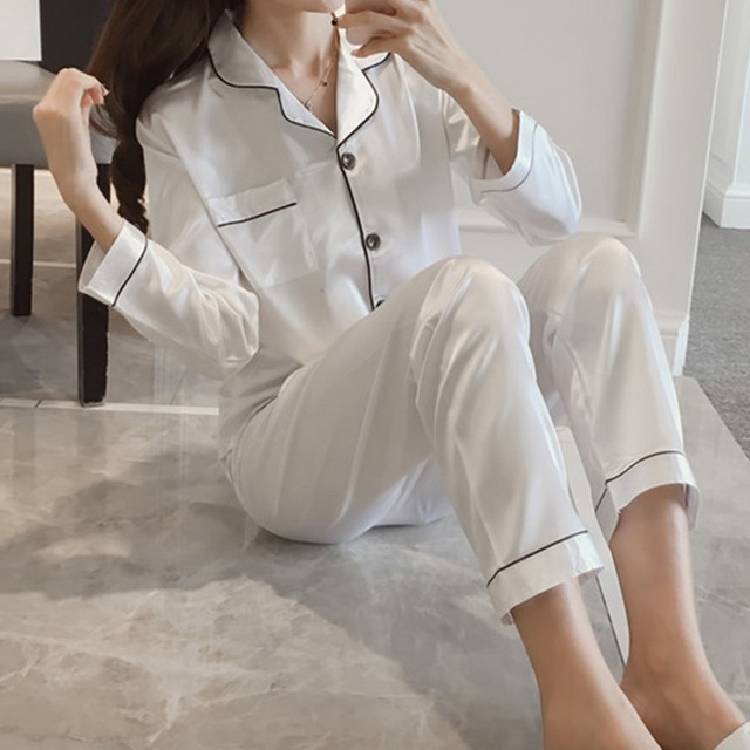 2PCS Pajamas Sets Women Lapel  Silk Long Sleeve Home Wear Ladies Mujer Satin Tops+Pants Nightgown Sleepwear Autumn
