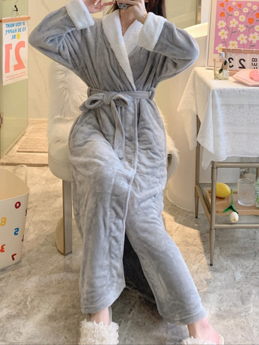 Women's  -end autumn and winter long-sleeved flannel nightgown thick solid color mid-length home service