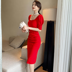 French Style Vintage Square Collar Puff Sleeve Midi Party Dress Ladies OL Elegant Streetwear Backless Female Bodycon Split Dress